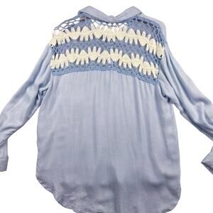 Vintage Havana Women S Button Up Shirt Crochet Back Design Blue Long Sleeve Boho